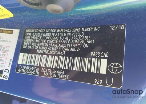 2019 Toyota C-Hr Le z USA, uszkodzony, nr VIN NMTKHMBX8KR084831